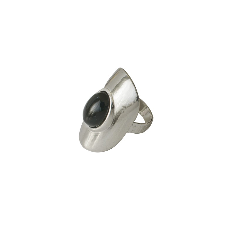 Bague Réglable En Agate Noire / Onyx D'Uruguay - Métal Anallergique - Artisanale
